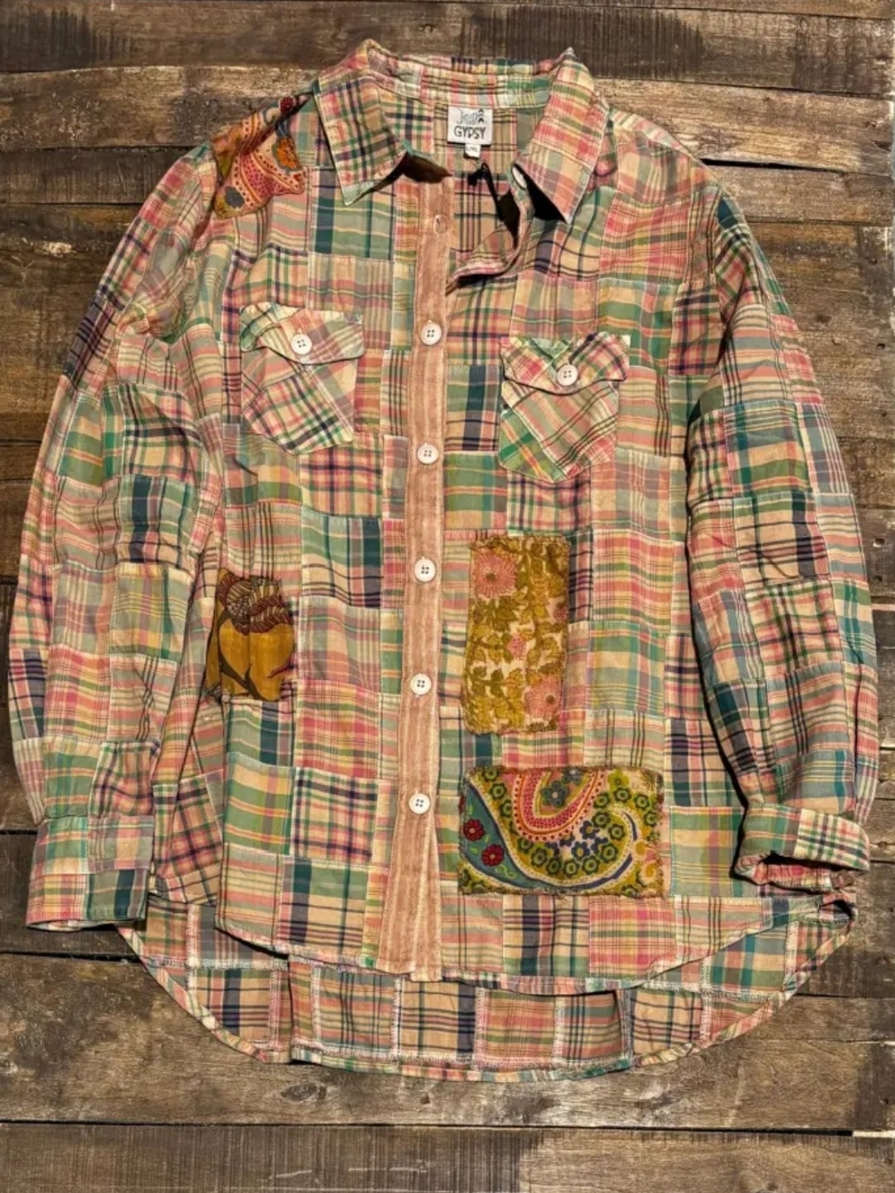 Jaded Gypsy Peace Patchwork Plaid Button-Front Blouse in Multicolor